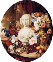 Virginie de Sartorius - A Still Life With Assorted Flowers Fruit And A Marble Bust Of A Woman